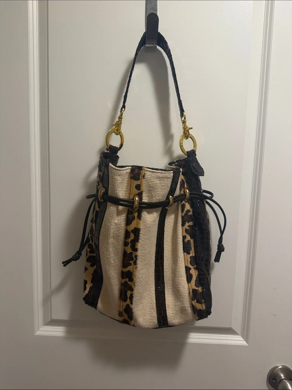 Woven Cream & Leopard Drawstring Shoulder Bag